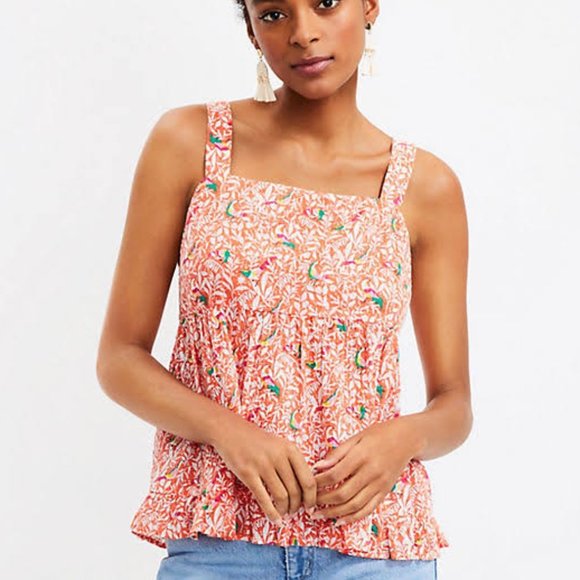 LOFT Tops - NWT Loft Bird Tie Back Peplum Cami Tank Top Size 6 Orange Tropical Parrot NEW